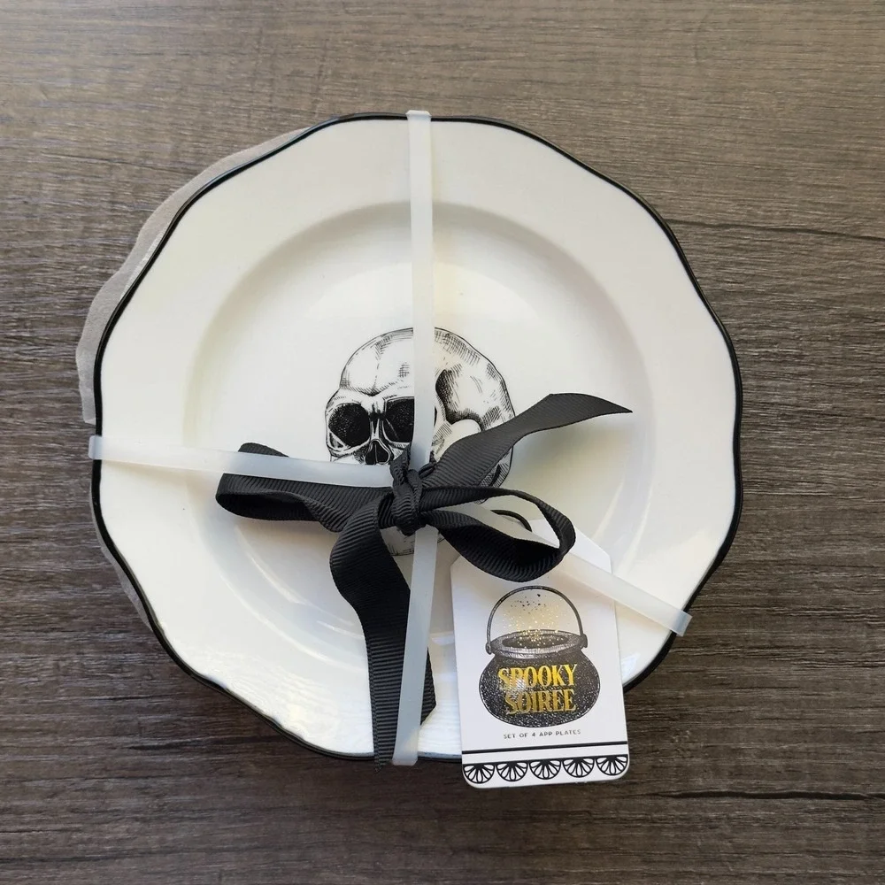 Spooky Soirée Set Of 4  App Plates Sunday Morning Ceramics Skull Bat Spider Crow